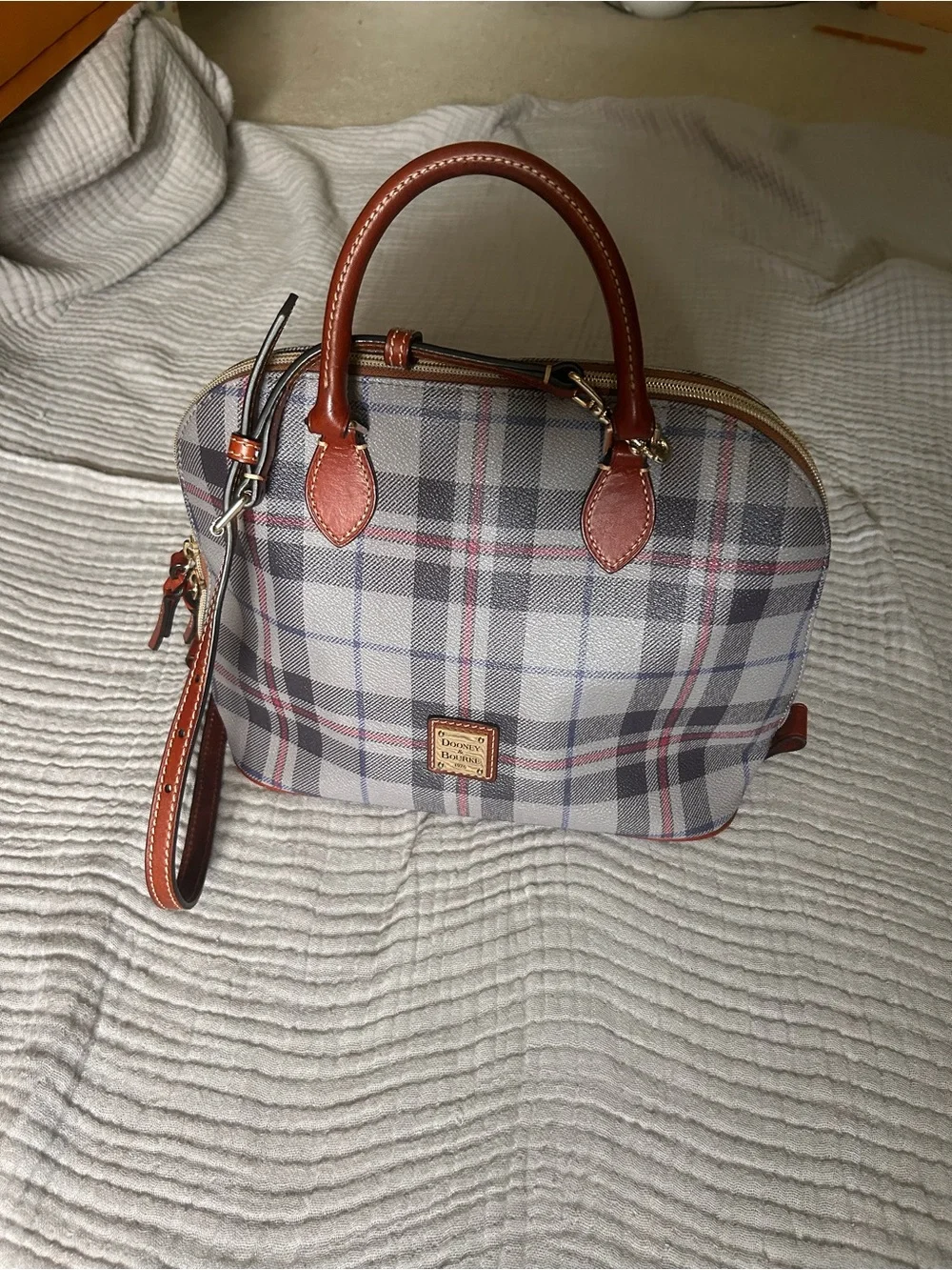 Dooney & Bourke Gray Plaid Satchel with Brown Leather Trim and Strap